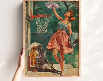 Retro Housewife Laundry Room Print Funny Utility Room Decor Basketball Poster (Digital Download)