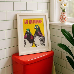 Bright pop art bright yellow poster of two pigeons staring forward,  funny toilet poster or guest bathroom art with text that reads “ARE YOU POOPING?”