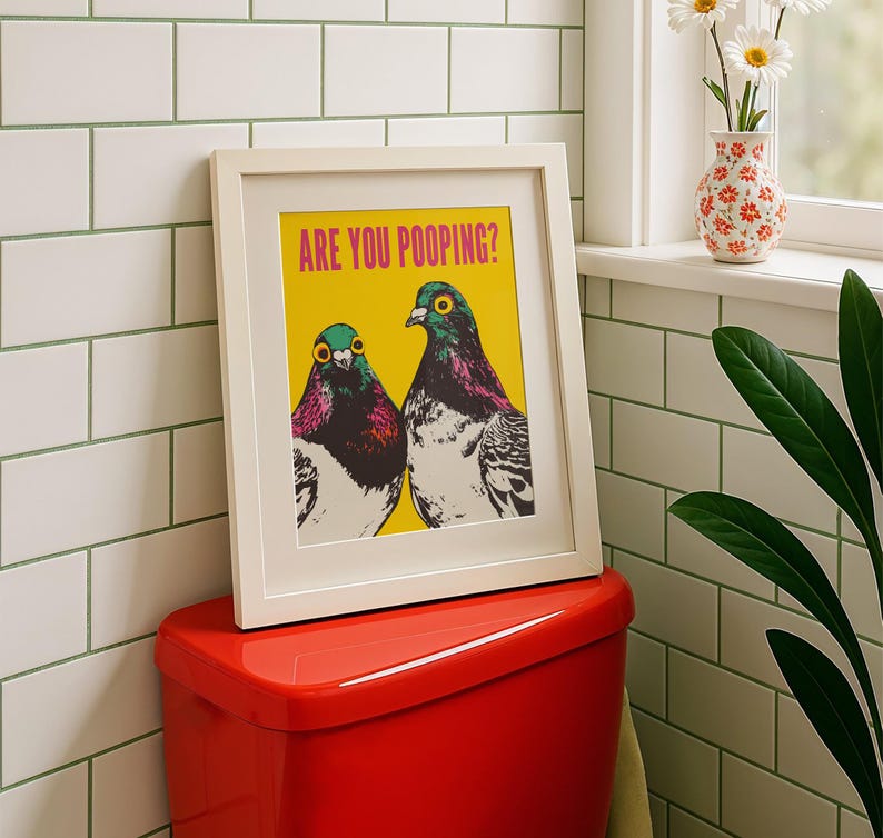 Bright pop art bright yellow poster of two pigeons staring forward,  funny toilet poster or guest bathroom art with text that reads “ARE YOU POOPING?”