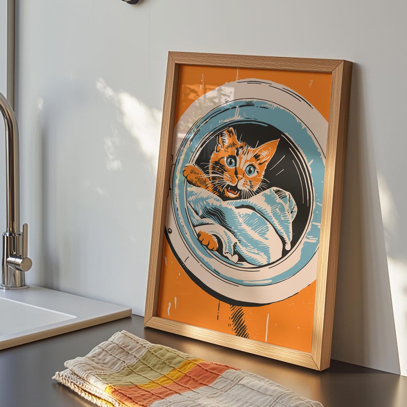 Midcentury modern illustration of a ginger cat inside a washing machine on an orange background, Utility Room or laundry room decor, laundry day poster, funny cat art, housewarming gift, mom gift idea.