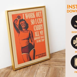 Orange retro vibe art workout poster with strong female figure and quote — motivational poster, gym wall art, home gym decor.