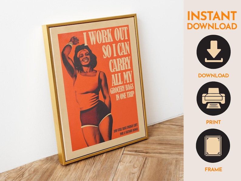 Orange retro vibe art workout poster with strong female figure and quote — motivational poster, gym wall art, home gym decor.