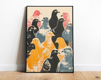 Retro Pigeons Wall Art Printable Fun Prints for Bathroom Wall Art Toilet Wall Decor Funny Pigeon Print Download Pop Art Birds Poster Print