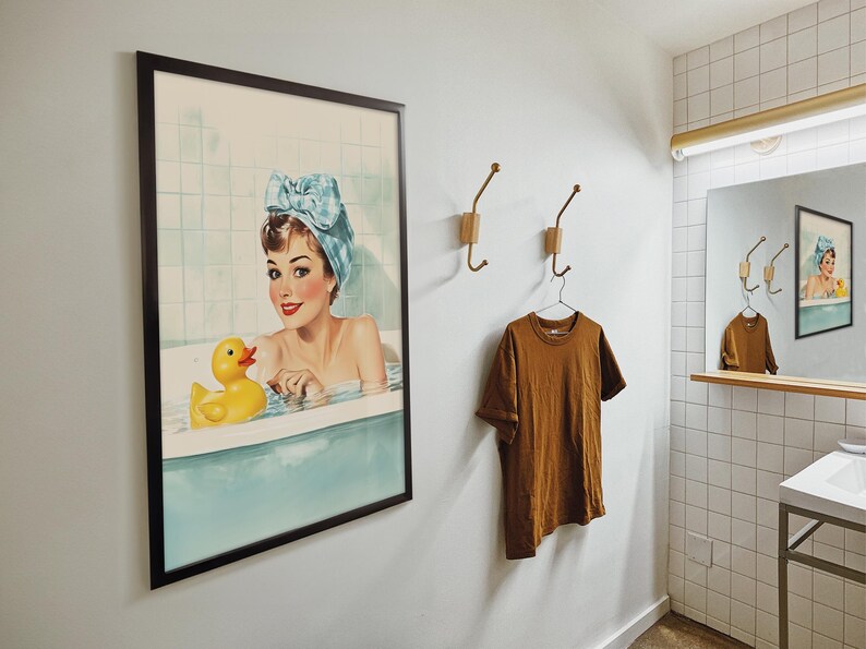 Retro Bathroom Wall Art Printable Bath Time Print Yellow Rubber Duck ...
