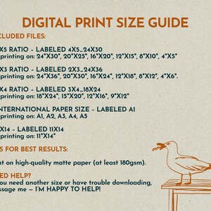 May include: A digital print size guide with orange text on a light background. It lists file ratios including 4x5, 2x3, 3x4, international paper sizes, and 11x14, with specific inch dimensions for printing. A line drawing of a seagull is included.