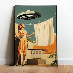 Póster imprimible de OVNI, arte para lavandería, arte retro extraterrestre, arte mural de OVNI, pósteres divertidos, póster de invasión extraterrestre, impresión digital de OVNI extraño de los años 50 y 60
