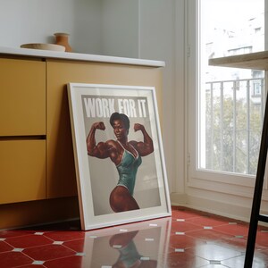 Midcentury Modern Style Gym art print depicting a strong black woman and a motivation quote "Work for it", perfect workout room decor for women.