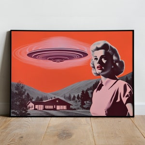 Alien Abduction Art UFO Poster Alien Art Print Retro Ufo Wall Art Flying Saucer Print Sci Fi Art Funny Poster Digital Alien Wall Art 60s 50s
