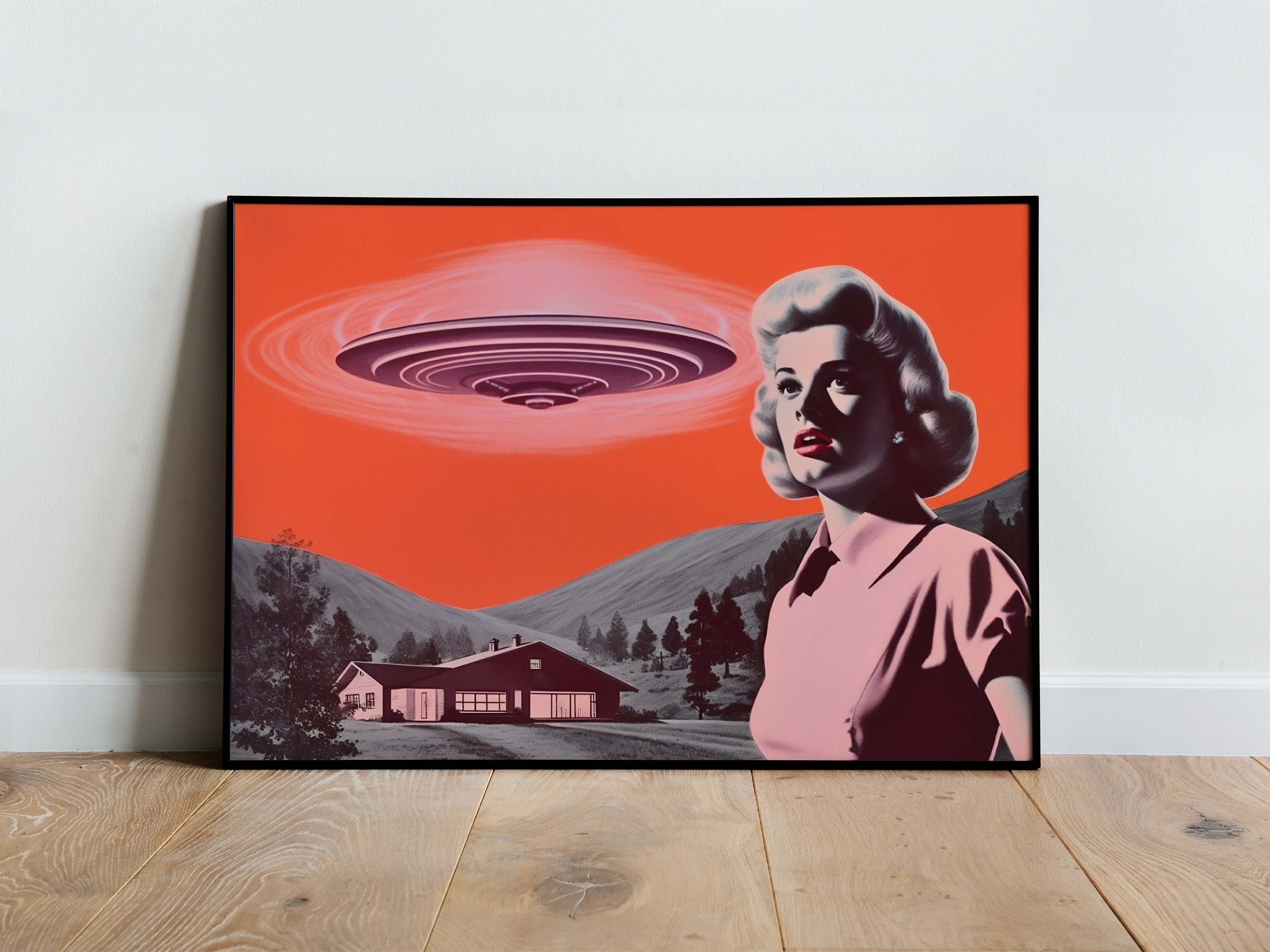 Alien Abduction Art UFO Poster Alien Art Print Retro Ufo Wall Art Flying Saucer Print Sci Fi Art Funny Poster Digital Alien Wall Art 60s 50s