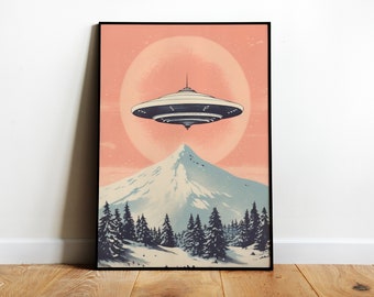 Affiche d'OVNI rétro, art mural extraterrestre, impression d'art OVNI en vol stationnaire, impression d'OVNI soucoupe volante au-dessus des montagnes des années 1950, voyage spatial, art esthétique extraterrestre