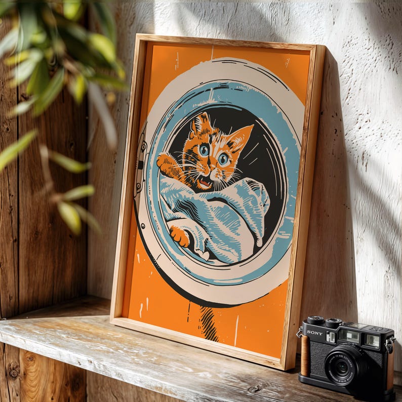 Midcentury modern illustration of a ginger cat inside a washing machine on an orange background, Utility Room or laundry room decor, laundry day poster, funny cat art, housewarming gift, mom gift idea.