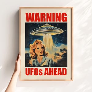 Warning UFOs Ahead Poster Printable - Alien Decor Funny Retro Print Ufo Digital Alien Abduction Site Sign Sci Fi Art Print Flying Saucer Art