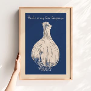 Retro Garlic Print Kitchen Wall Art Printable Kitchen Nook Decor Vegetable Wall Art Vegan Prints Funny Poster Dining Blue Kitchen Art Print