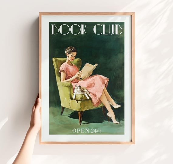 Book Club Wall Art – Retro Woman Reading Digital Print Cat, Vintage Book Lover Decor, Literary Poster, Reading Nook Printable