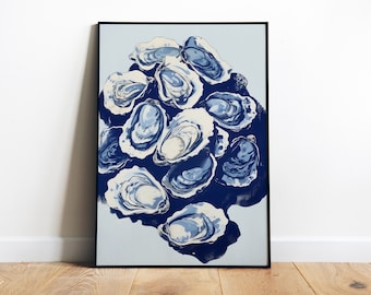 Retro Oysters Poster Blue Kitchen Wall Art Printable Oyster Kitchen Art Retro Food Art Coastal Print Seafood Digital Print Bar Cocktail Art