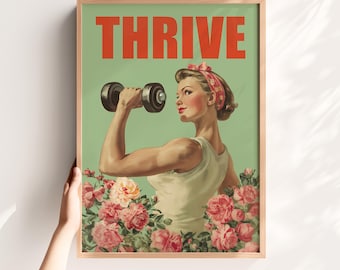 Thrive Poster – Retro Fitness Girl Wall Art, Feminine Gym Decor, Girl Power Print Fitness Studio Gym Art Printable, Gym Girl Gifts, Download