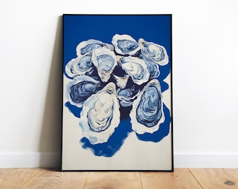 Oysters Poster Blue Kitchen Wall Art Large Printable Seafood Poster Oyster Kitchen Print Retro Food Art Coastal Digital Print Seafront Art