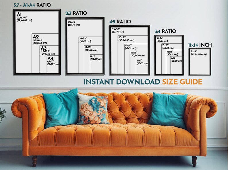 May include: A white wall with a size guide for digital downloads. The guide shows different aspect ratios and sizes in inches and centimeters. The guide includes the following ratios: 5:7, 2:3, 4:5, 3:4, and 11x14 inches. The text "INSTANT DOWNLOAD SIZE GUIDE" is printed below the guide.