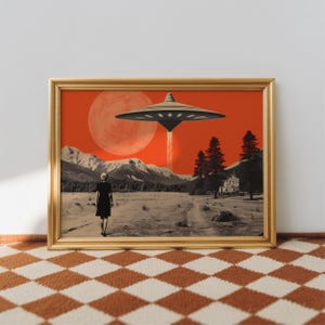 Vintage-style desert scene with a woman facing a hovering UFO near a small house, designed as a UFO poster with retro sci fi art and alien invasion art appeal.