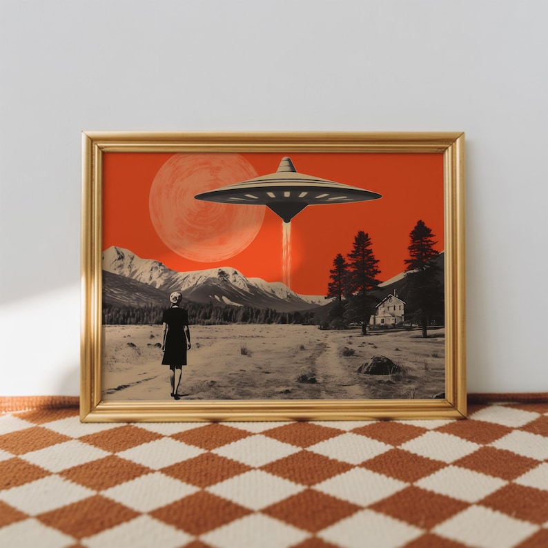 Vintage-style desert scene with a woman facing a hovering UFO near a small house, designed as a UFO poster with retro sci fi art and alien invasion art appeal.