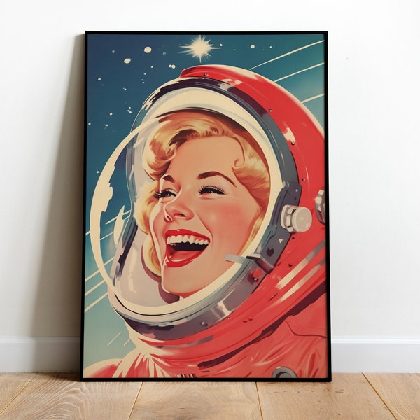 Retro Print Download Female Astronaut Art Print Scifi Print Space Poster Space Art Space Theme Wall Art Retro Futuristic Art 50s 60s Posters