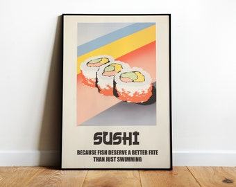 Retro Sushi Impresión Arco Iris Cartel Divertido Arte Impresión Cocina Pared Arte Sushi Cartel Comida Asiática Cartel Rollo Impresión Minimalista Digital Cocina Arte