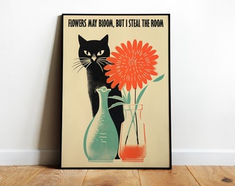 Black Cat Digital Print Funny Cat Poster Cute Kitten Illustration Cat Lover Gift Funny Wall Art Minimalistic Cat Poster 50s Silly Prints
