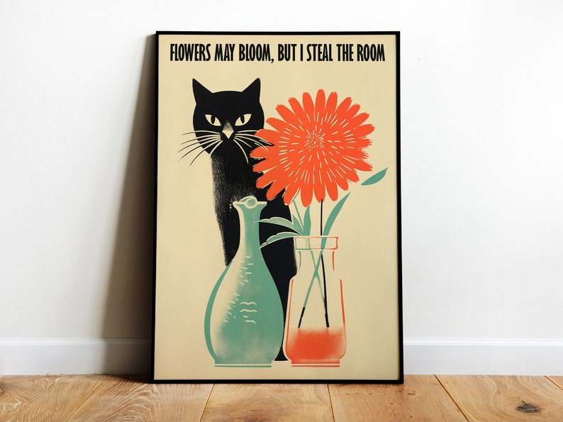 Black Cat Digital Print Funny Cat Poster Cute Kitten Illustration Cat Lover Gift Funny Wall Art Minimalistic Cat Poster 50s Silly Prints image 1