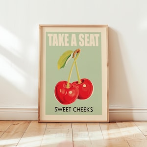 Funny Bathroom Art Take a Seat Sweet Cheeks Cherry Pun Poster Printable Toilet Art Print