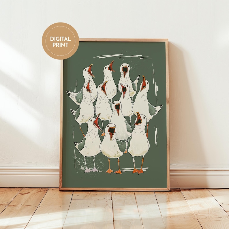 Illustration of a shouting seagull flock — seagull print, funny bathroom art, toilet wall art, sea bird decor.