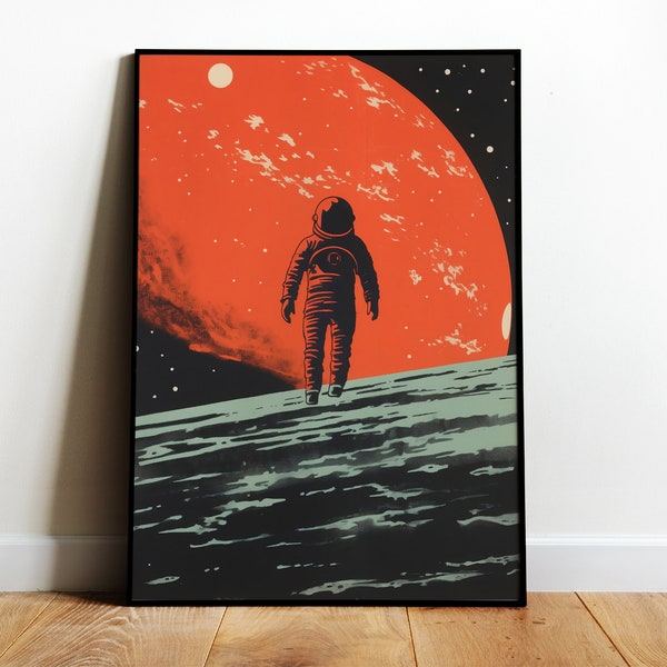 Vintage Astronaut Art Print Space Man Poster Space Travel Print Sci Fi Wall Art Space Age  Printable Art Red Planet Poster Mars Retro Print