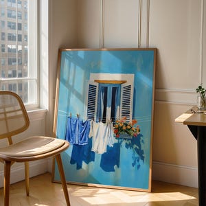 Blue Laundry Art Digital Print Utility Room Art Colourful Italy Art Farmhouse Wash Art Wash Room Decor Clotheline Art Hanging Laundry Print