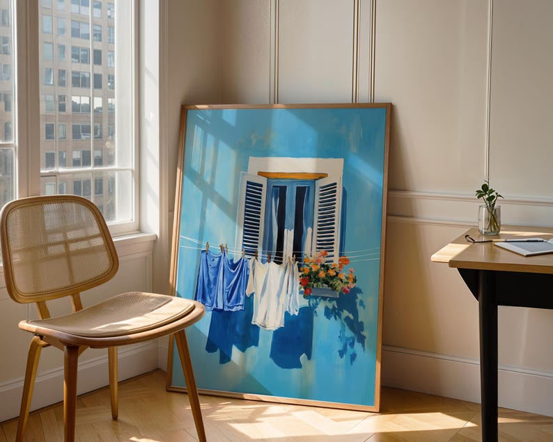 Blue Laundry Art Digital Print Utility Room Art Colourful Italy Art Farmhouse Wash Art Wash Room Decor Clotheline Art Hanging Laundry Print