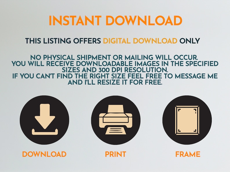 Pode incluir: Gr&aacute;fico de arquivo digital para download instant&acirc;neo com tr&ecirc;s &iacute;cones: uma seta de download, uma impressora e uma moldura de imagem. O texto diz "Download instant&acirc;neo", "Esta listagem oferece download digital apenas", "N&atilde;o haver&aacute; nenhum envio f&iacute;sico ou por correio. Voc&ecirc; receber&aacute; imagens para download nos tamanhos especificados e resolu&ccedil;&atilde;o de 300 dpi. Se voc&ecirc; n&atilde;o encontrar o tamanho certo, sinta-se &agrave; vontade para entrar em contato comigo e eu o redimensionarei gratuitamente.", "Baixar", "Imprimir" e "Moldura".