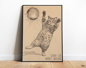 Impression d'art disco, art mural drôle de chat, affiche rétro imprimable chat dansant en téléchargement numérique impression disco funky, cadeau pour amoureux des chats, art mural groovy