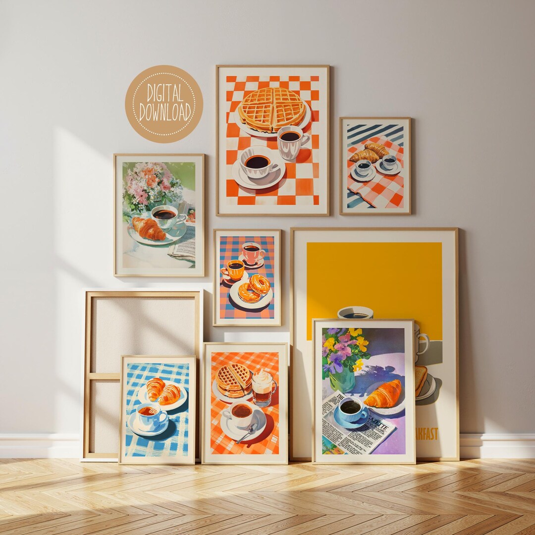 set of 8 kitchen prints, coffee print set, fork spoon... Coffee Print Set of 8 Food Poster Breakfast Wall Art Retro Cafe Digital ...