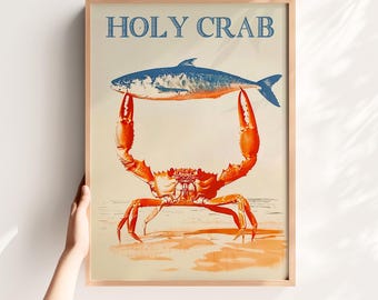 Retro Funny Poster Printable Crab Poster Beach House Decor Holly Crab Digital Print Kitchen Wall Art Sardines Poster Seafood Art Food Print