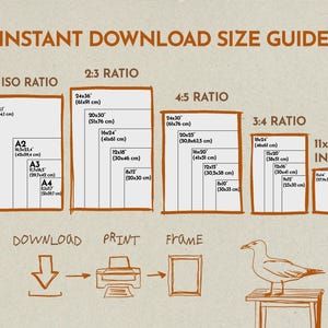 Puede incluir: Una gu&iacute;a de tama&ntilde;os para descarga instant&aacute;nea con texto y contornos marrones sobre un fondo claro. Muestra varias proporciones de papel, incluyendo 5:7 ISO, 2:3, 4:5, 3:4 y 11x14 pulgadas con dimensiones espec&iacute;ficas en cm y pulgadas.