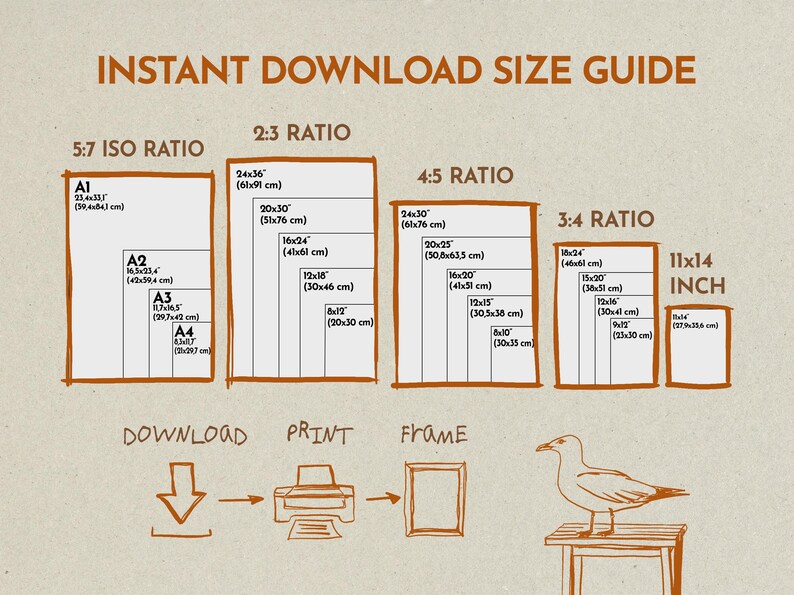 Puede incluir: Una gu&iacute;a de tama&ntilde;os para descarga instant&aacute;nea con texto y contornos marrones sobre un fondo claro. Muestra varias proporciones de papel, incluyendo 5:7 ISO, 2:3, 4:5, 3:4 y 11x14 pulgadas con dimensiones espec&iacute;ficas en cm y pulgadas.