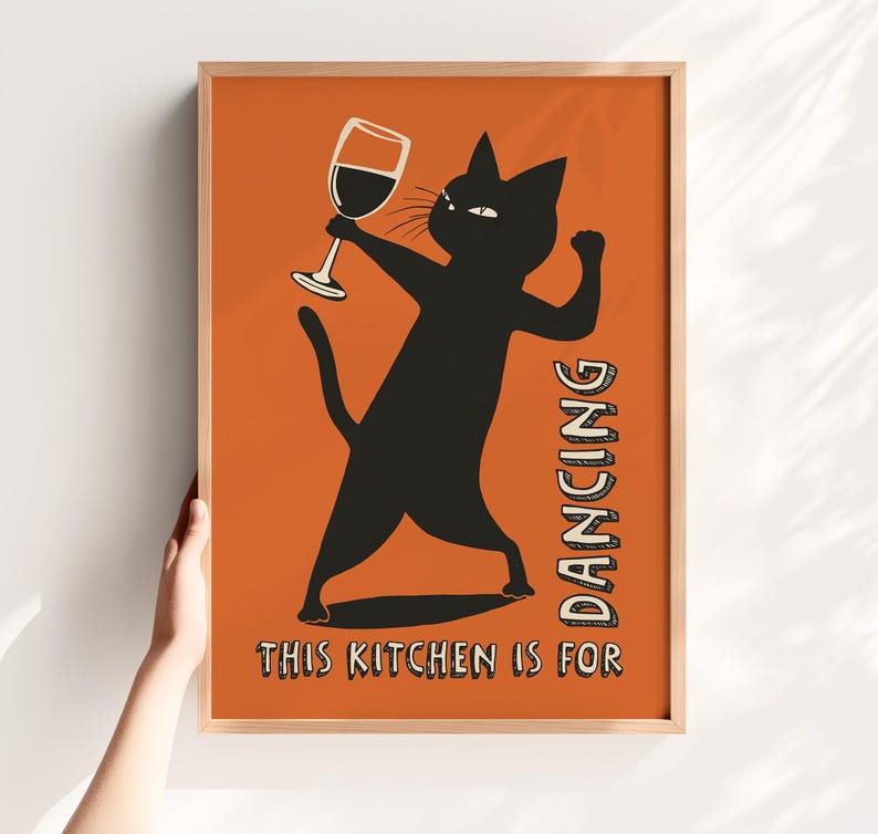 This Kitchen is for Dancing Wine Cat Print Bar Cart Decor (digital ...