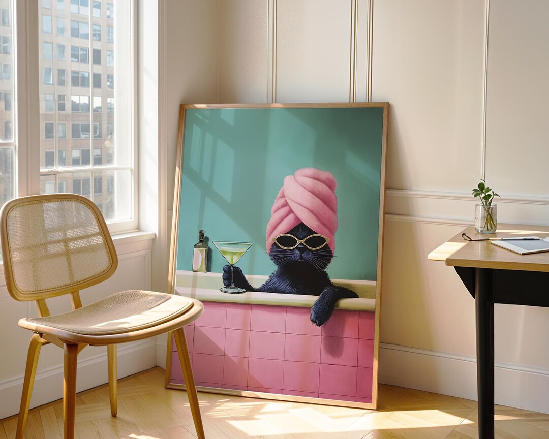 Funny Cat in Tub Print Pink Blue Bathroom Art Martini Poster (digital ...