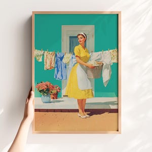 Retro Laundry Art – Vintage Housewife Poster in Sunny Clothesline Scene, Mid‑Century Kitchen Wall Decor, Printable Home Art