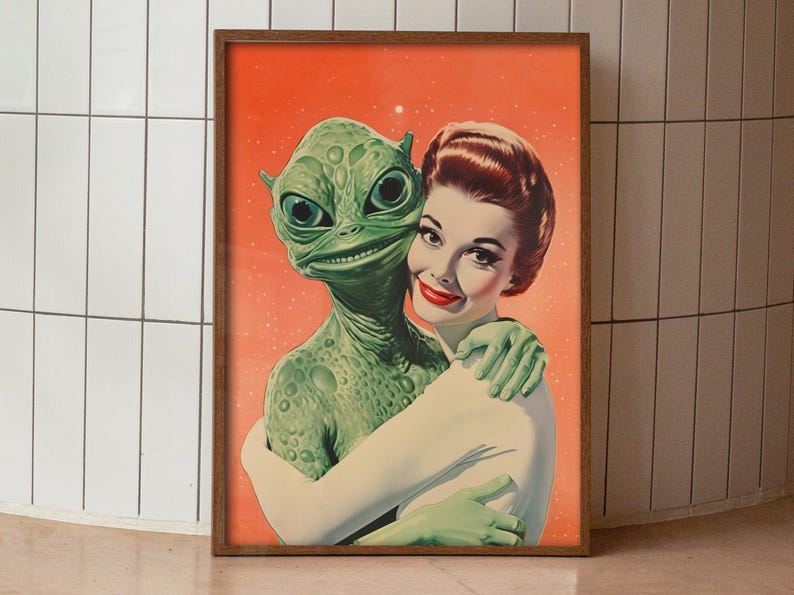 Aliens Wall Art Printable Alein Love Art Vintage Sci Fi Poster Alien Art Print Weird Print Retro Funny Poster Maximalist Wall Art Digital