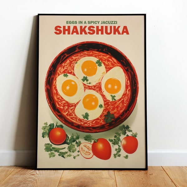 Shakshuka Print Retro Food Art Kitchen Wall Art Shakshuka Poster Middle Eastern Food Print Eggs Poster for Dining Room Cafe Wall Art Tomato