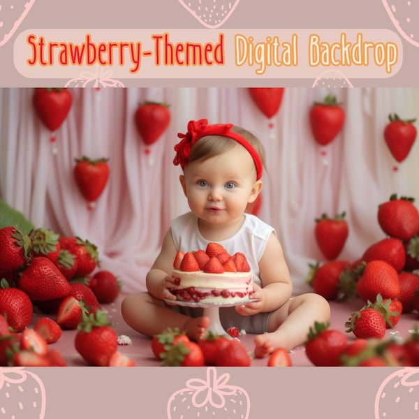 Strawberry Digital Backdrop Pink First Birthday Photoshoot Photoshop Overlays