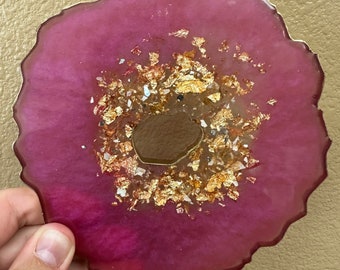 Pink and Gold Geode Resin Coaster Set of 2, Cute Epoxy Resin Coasters, Rock Resin Coaster, Handmade Drink Coasters