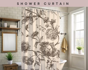 Floral Shower Curtain - French Toile Cocoa Taupe Botanical Decor for Bath - Cottagecore Bathroom Accessories