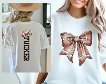 Custom Coquette Football Bow Shirt for Women Comfort Colors - Personalized Game Day Mom Tee - Cute Football Season Shirt Gift for Girlfriend