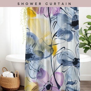 Abstract Floral Shower Curtain - First Home Housewarming Gift - Blue Shower Curtain Floral Bathroom Accessories - Botanical Decor for Bath