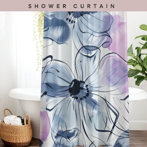 Abstract Floral Shower Curtain - First Home Housewarming Gift - Blue Shower Curtain Floral Bathroom Accessories - Botanical Decor for Bath